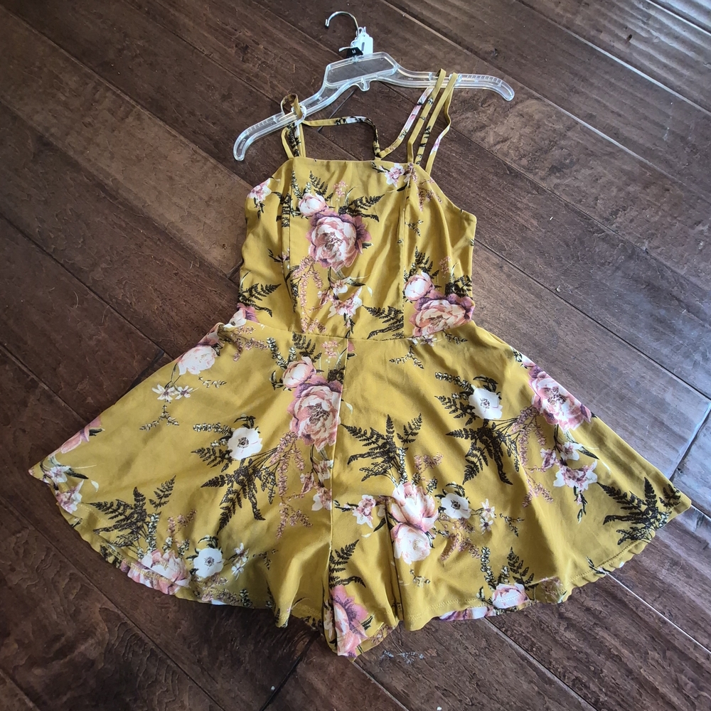 Mustard Floral Romper - Sleeveless Strappy Design